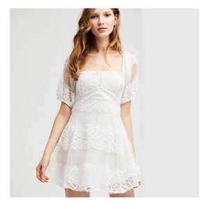 Free People Women's White Lace Mini Dress‎ Square Neck Short Sleeve Romantic